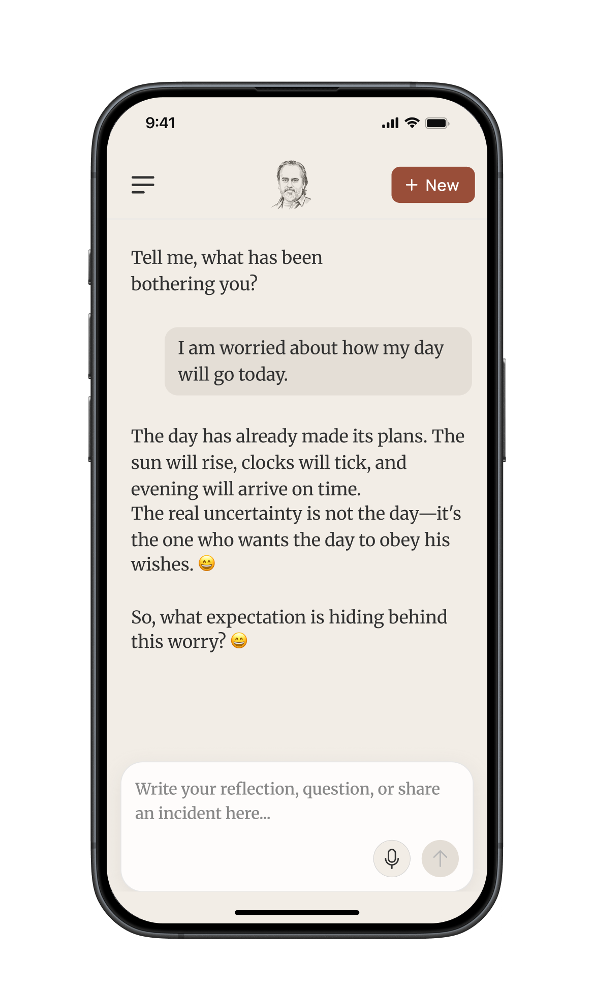 AP Mirror chat interface: a blank prompt inviting you to write freely